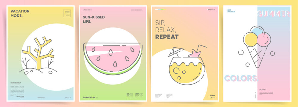 Gradient Backgrounds for Minimal Retro Y2k Poster Designs. Exotic tropical fruits, cocktails, beach ice cream and ocean elements. Summer art for brochure, poster, cover templates. 