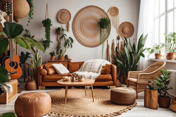 Trendy Boho Living Room. Generative AI