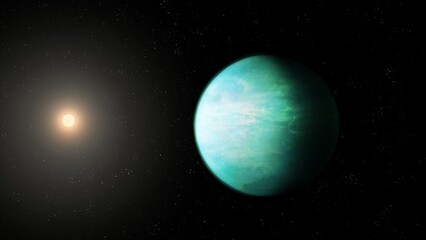 Obraz na płótnie Canvas Extrasolar planet with a star. Exoplanet with a solid surface near the sun in deep space. Super-Earth with an atmosphere.