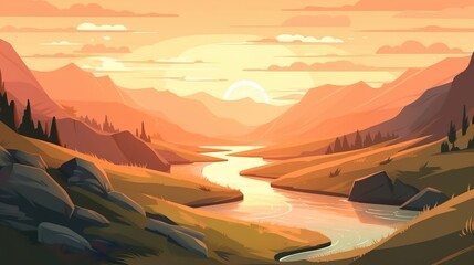 Background river winding through hills. Abstract background featuring a stunning illustration with banner design of a river gracefully winding through hills at sunset. Generative AI.