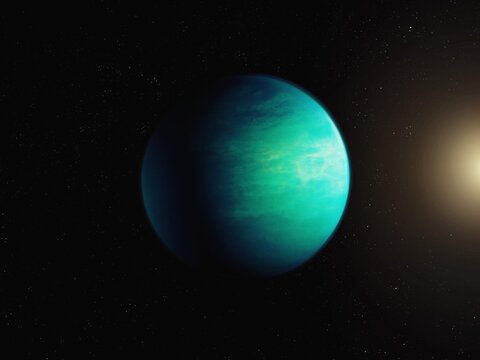 Exoplanet with conditions suitable for life. An extrasolar planet in deep space has an atmosphere and a solid surface. Super-Earth in the habitable zone.