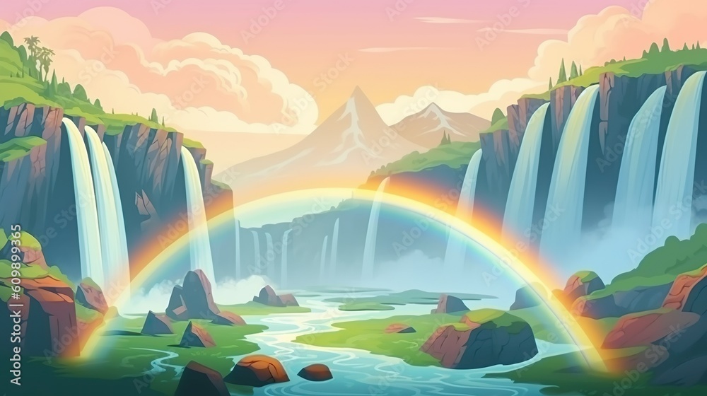 Wall mural background waterfall panoramic with rainbow. abstract background with banner design displaying a bre