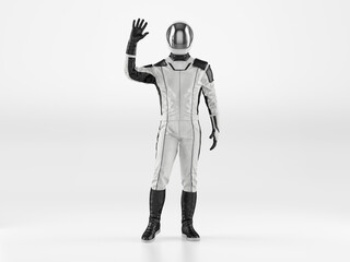 Astronaut wearing space suit, studio shot. Spacex spaceman in futuristic spacesuit waving hand. Space travel, universe discovering, martian base, Moon, Mars colonization, NASA exploration mission, 3D