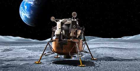 Apollo Lunar Module landed on the Moon surface with planet Earth on the starry sky background. Lunar surface panorama. Space and planets exploration mission, terraforming, colonization concept, 3D