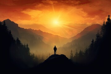 A man success on the mountain in beautiful nature. Success concept. Generative AI