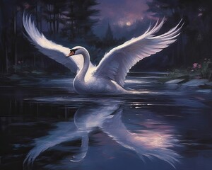 swan gracefully gliding across a moonlit lake. combination of deep blues, purples, and silver tones to evoke a sense of enchantment and magic