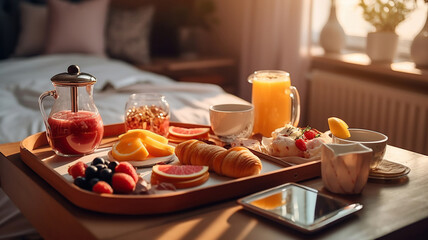 tray with breakfast food on the bed inside a bedroom. Generative Ai