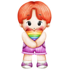Watercolor Cute Boy Holding Pride Heart Illustration Isolated on Transparent Background