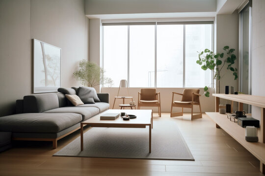 interior: Serene and harmonious space adorned with natural tones, sleek furniture, and tranquil ambiance, photo frame, sofa in warm tone, Asian style, AI