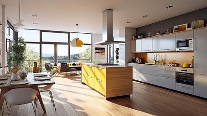 Fototapeta premium Stylish apartment interior with modern kitchen. Generative Ai