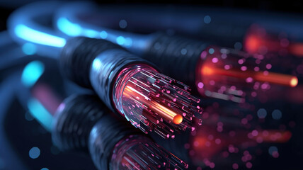 Fiber optics network cable on technology background. Generative Ai - obrazy, fototapety, plakaty