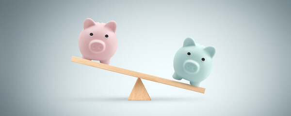 Piggy bank on balance scale  Gender pay equality conceptt - obrazy, fototapety, plakaty