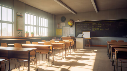 School classroom with school desks and blackboard. Generative Ai