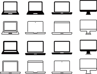 シンプルなノートパソコンとデスクトップの線画とシルエットのアイコンセット - obrazy, fototapety, plakaty