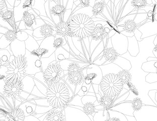 Obraz premium Set of differents flower linen on white background. Grass with herbs and wild flowers. Vector isolated contour of floral meadow. Black outline of grass, flowers and herbs isolated on white background.