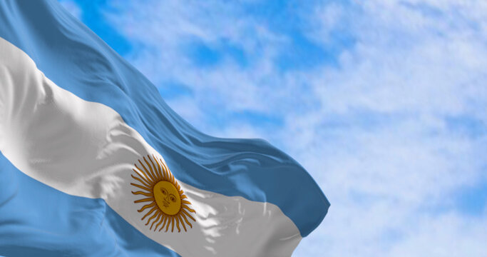 Argentina national flag fluttering in the wind on a sunny day
