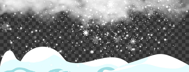 Obraz na płótnie Canvas Vector illustration of flying snow on a transparent background.Natural phenomenon of snowfall or blizzard. 