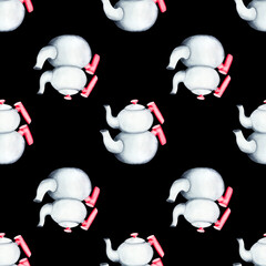 Turkish teapot. Watercolor seamless pattern on a dark background. Can be used for textile design, paper products