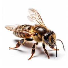 Bee closeup isolated on white, macro of a living insect. AI generated.