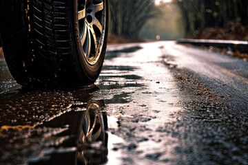 Car tire on wet roadway. Generative AI - obrazy, fototapety, plakaty
