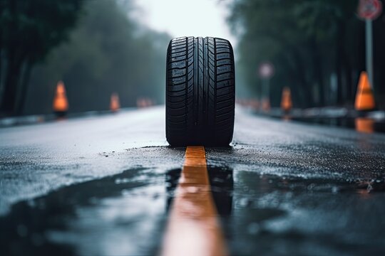 Car tire on wet roadway. Generative AI
