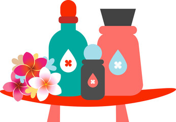 Aromatherapy products displayed on a red dish garnished with frangipani flowers.