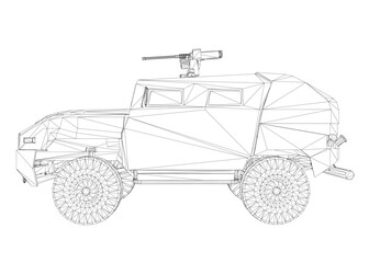 Army truck transportation for operation war vector design illustration. Truck in desert. 3D armored car. Wireframe military SUV. Off-road vehicle. Vector image for prints, poster and illustrations.. © German Ovchinnikov