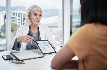 Woman, doctor and tablet with patient for vaccine results, information and hospital data. Consultation, healthcare worker and communication at desk in clinic for wellness, covid and planning cure