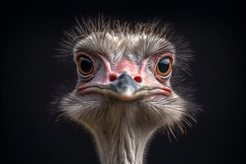 Portrait of an ostrich on dark background. Generative Ai - obrazy, fototapety, plakaty