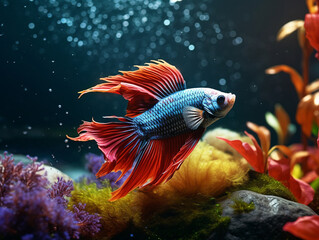 Betta Fish on the Aquarium with plants and stones