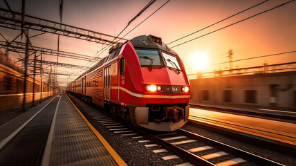 Fototapeta premium High speed train in motion on the railway station. Generative Ai