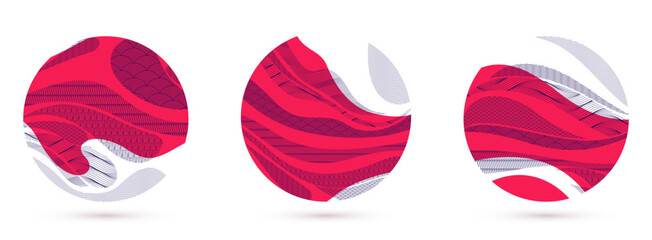 Abstract oriental Japanese art vector backgrounds set in red color in shape of circle, traditional style design, wavy shapes and mountains terrain landscape, runny like sea lines.