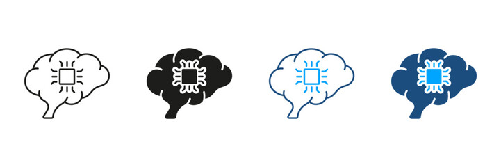 Modern Technology, Human Brain and Network Chip Silhouette and Line Icons Set. AI, Innovation Neuroscience, Artificial Intelligence Black and Color Symbol Collection. Isolated Vector Illustration
