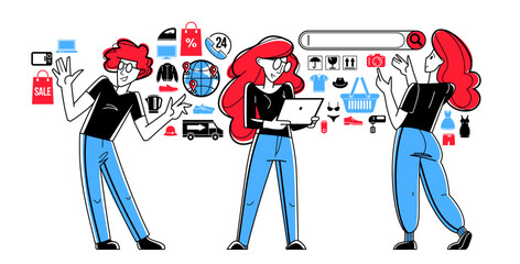 Online shopping and discount vector outline illustration, store workers team managing goods or customers have a big choice and enjoying cheap prices, advisers and consultants.