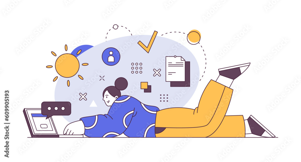 Aufkleber woman lying and working on laptop, online job. freelancer works on computer, worker on quarantine, v
