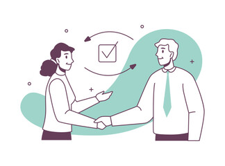 Customer service call center worker exchange tasks, done task marks. Vector illustration of woman and man shaking hands, team support member, helpline assistant representatives