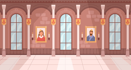Castle royal ballroom interior cartoon background with monarch king and queen gallery portraits. Vector medieval hall for ball with arch windows. Dance hallway with column for monarchy wedding - obrazy, fototapety, plakaty