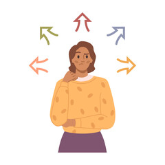 Puzzled woman making decision what way to choose, character choosing opportunities, multiple paths choice, dilemma in destination choice, flat cartoon vector illustration