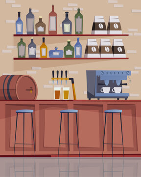 Beer bar interior cartoon illustration. Empty modern pub, bar counter with alcohol drinks, stool chairs. Cafe with alcoholic beverages in bottles. Beer in glasses and coffee machine, flat vector