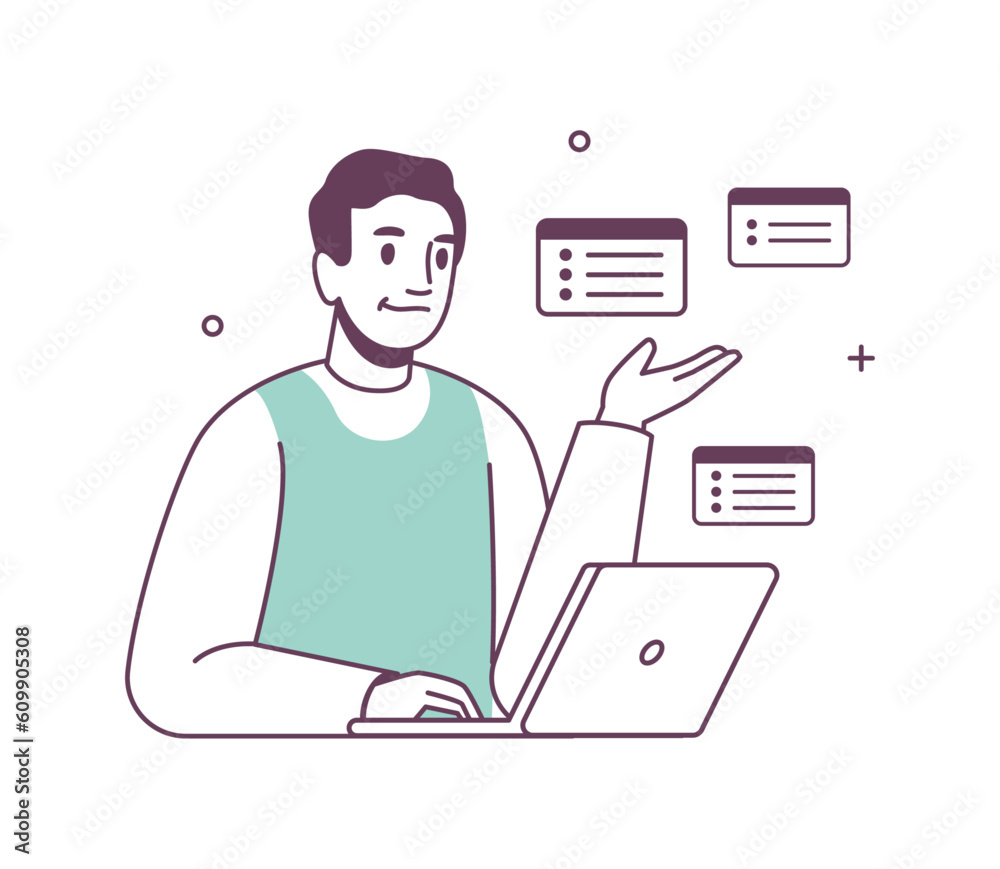 Poster Customer service call center worker chart messages Vector illustration of man working on laptop, support center representative, operator agent, helpline assistant with text frames