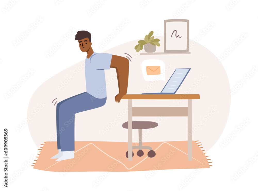 Poster man stretches at workplace, cartoon character doing small exercises at work to get rest. vector empl