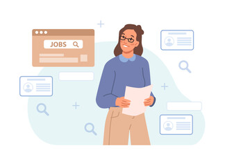Recruitment agent looking at candidates resume, vector in flat style. Illustration of human resource management and hiring people, job interview, recruitment agent woman and CV sites