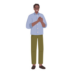 Man clapping with hands, applauding person showing support gestures, male applause. Vector illustration of happy guy greeting someone, congratulating with appreciation