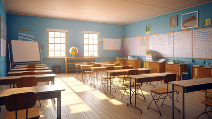 School classroom with school desks and blackboard. Generative Ai