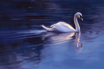 swan gracefully gliding across a moonlit lake. combination of deep blues, purples, and silver tones to evoke a sense of enchantment and magic