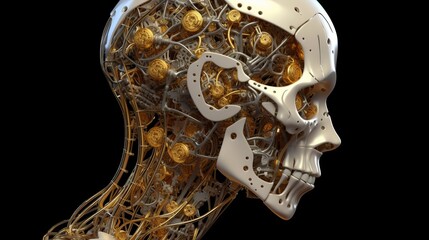 3D face of a bionic robot with golden patterns of mechanisms Generative AI