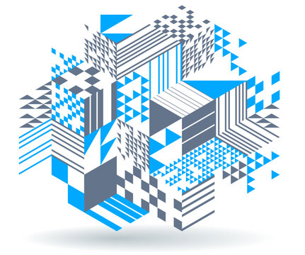 Blue Vector Abstract Geometric Background With Cubes And Different Rhythmic Shapes, Isometric 3D Abstraction Art Displaying City Buildings Forms Look Like, Op Art.