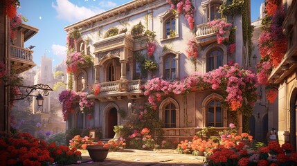 3D building covered with beautiful flowers Generative AI