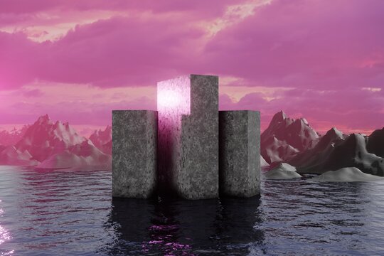 3d Render, Scifi Landscape Futuristic night post apocalyptic scenario with abstract alien landscape and moonlight glow in neon light.