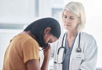 Healthcare, empathy and doctor with a woman after diagnosis of cancer or sickness. Sad, comfort and grieving patient crying for results in a consultation with a female medical worker in the hospital. - obrazy, fototapety, plakaty